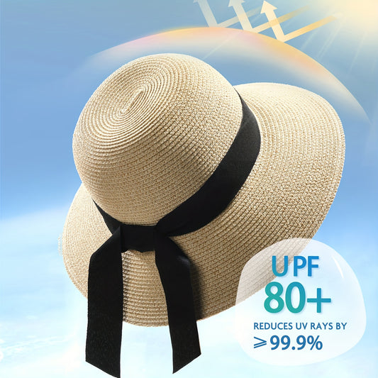 Elegant French Style Wide Brim Foldable UPF50+ Sun Hat with Ribbon Bowknot Decor for Women