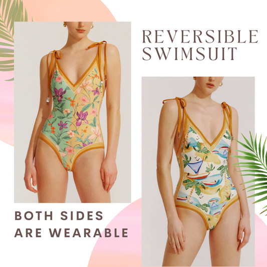 Elegant Reversible Floral V-Neck With Shoulder-Tie Contrast Trim One Piece Swimsuit