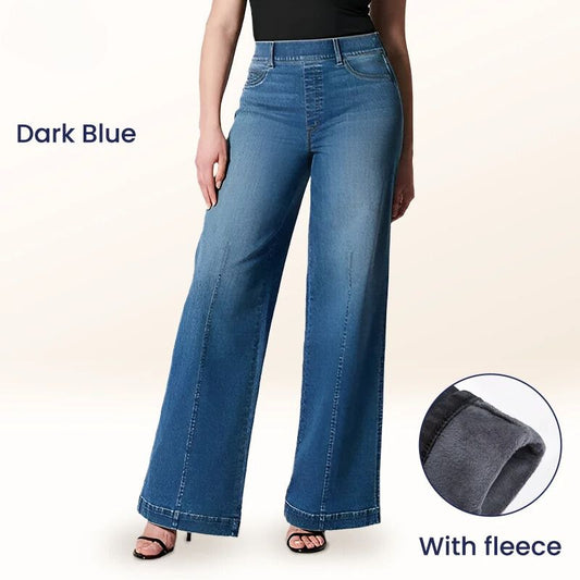 Seamed Front Pull On Fleece Lined Wide Leg Elastic High Waist Tummy Control Jeans For Women