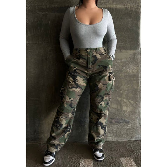 Women's High Waist Loose Sweat Baggy Army Cargo Pants Side Flap Pocket High Rise Camo Denim Pants