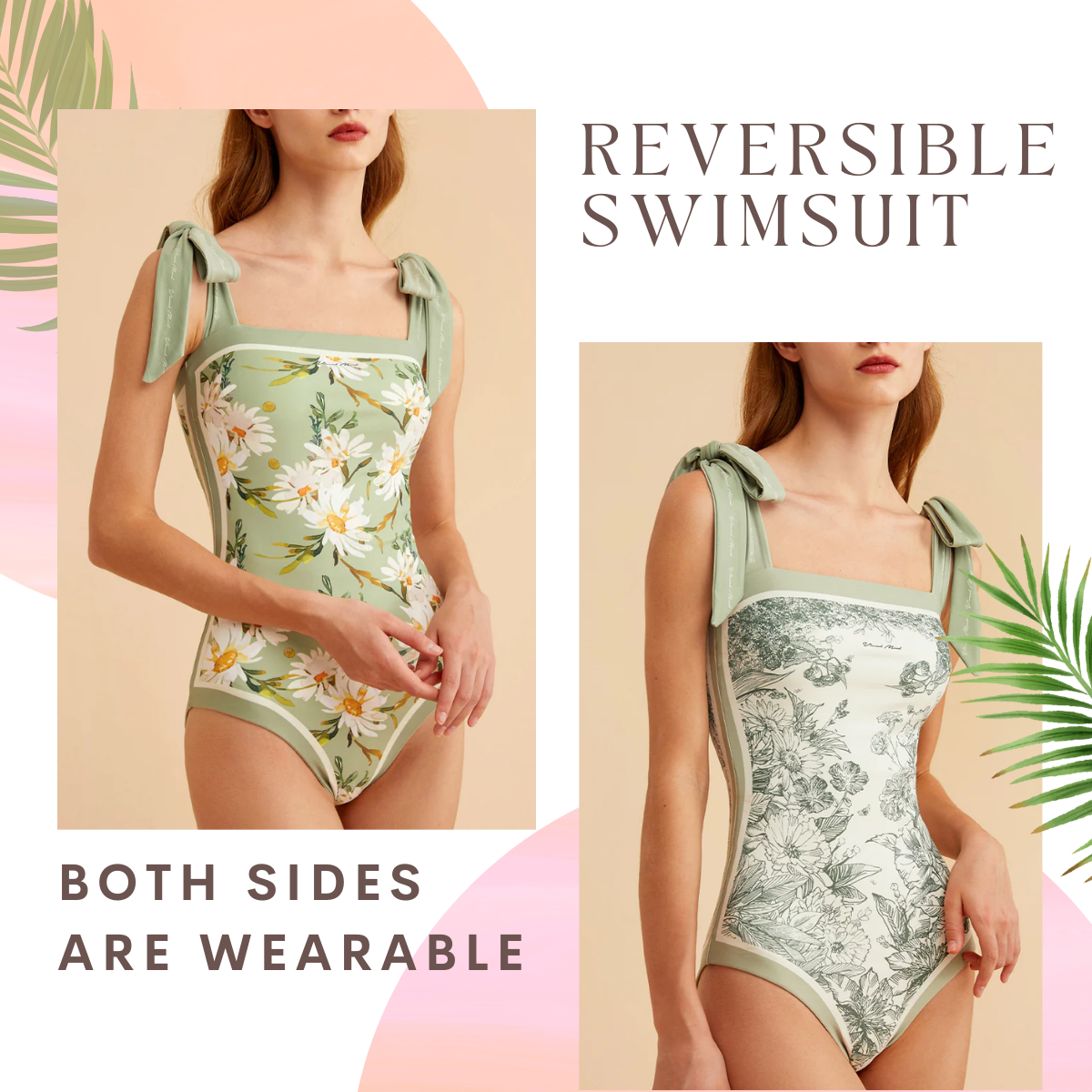 Reversible Elegant High Stretchy Bathing Suit Floral Print Tie Shoulder One Piece Swimsuit