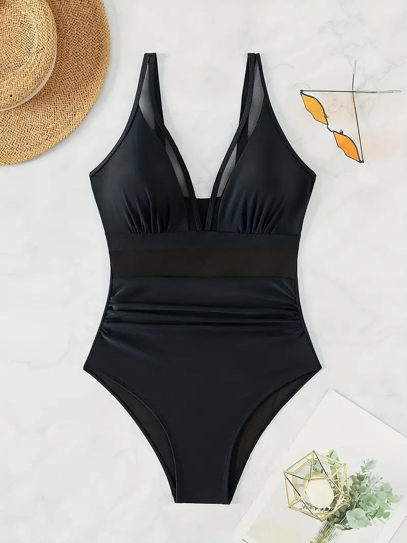 Solid Mesh Contrast One Piece Swimsuit V Neck Stretchy Ruched Bathing Suits