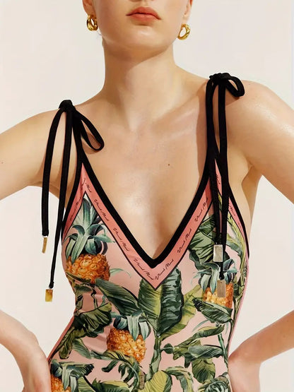 Elegant Reversible Floral V-Neck With Shoulder-Tie Contrast Trim One Piece Swimsuit