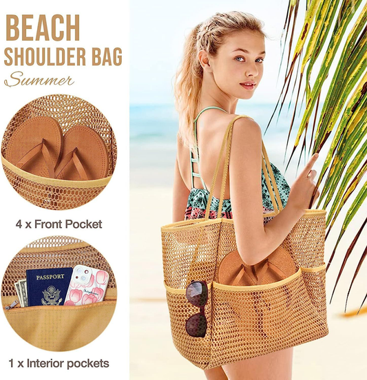 Women's Shoulder Handbag Mesh Beach Tote Lage Capacity Summer Purse Grocery Bags